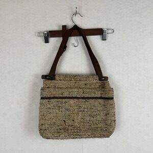 Toby Weston Vintage Woven Shoulder Bag Brown Tan Wood Handles Boho California
